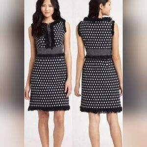 Tory Burch Evelyn navy blue polka dot jacquard sheath dress w/ fringe trim. Sz12